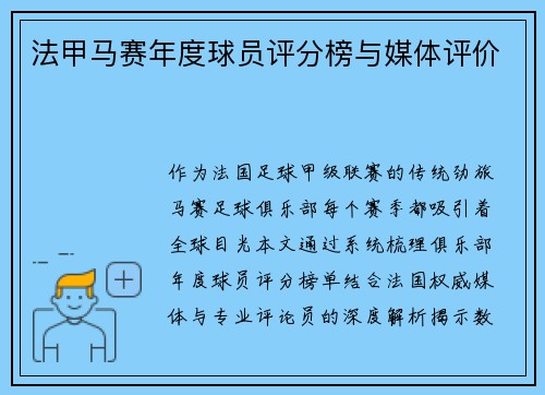 法甲马赛年度球员评分榜与媒体评价