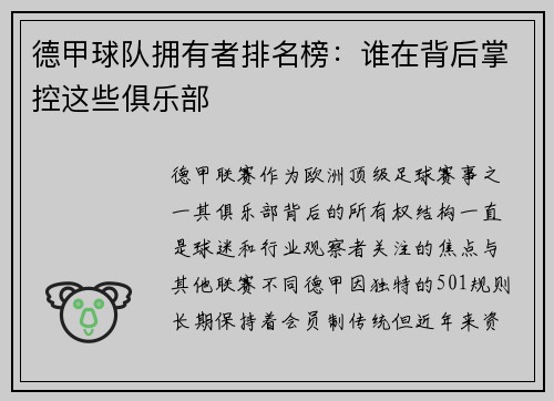 德甲球队拥有者排名榜：谁在背后掌控这些俱乐部
