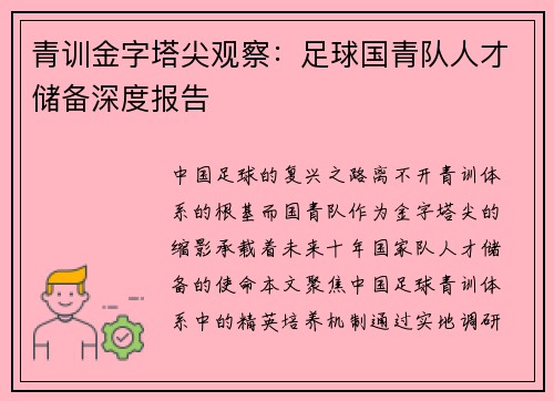 青训金字塔尖观察：足球国青队人才储备深度报告